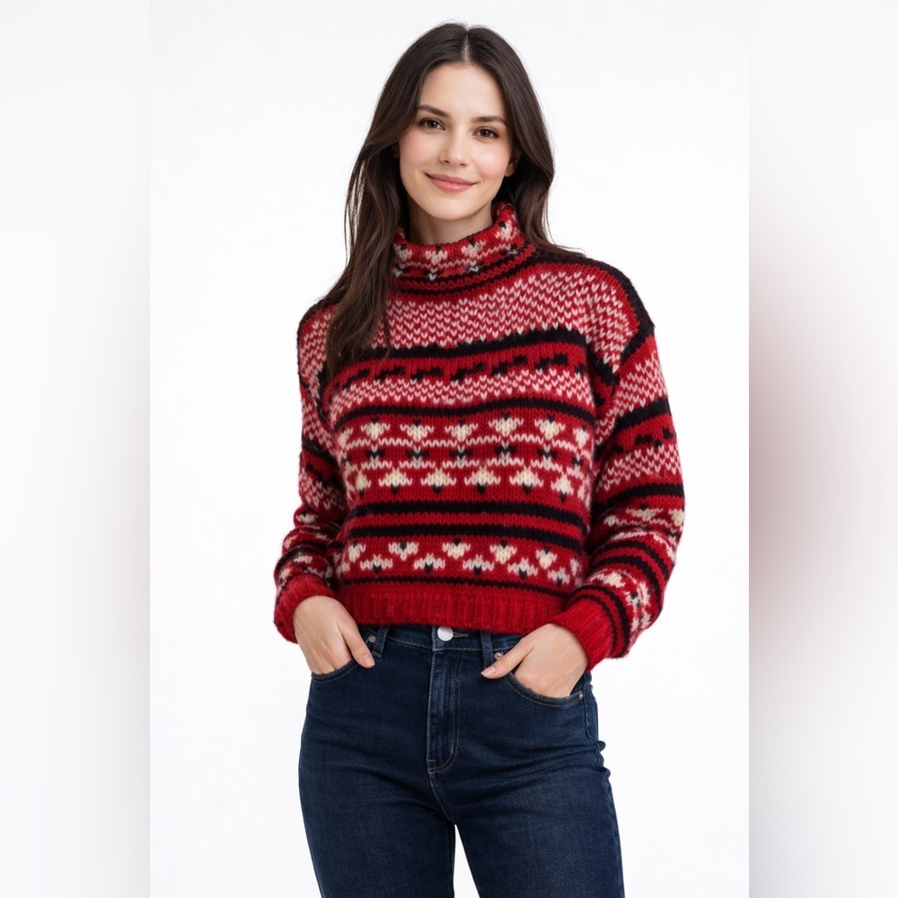 Vintage Espirit Sport Red Black Wool Sweater Nordic Fair Isle Women’s Medium